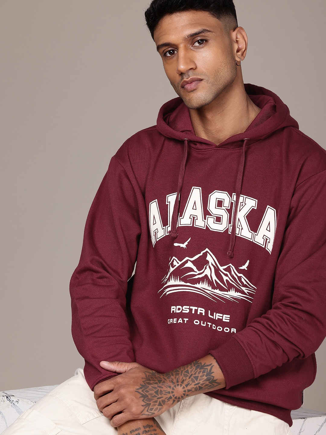 

The Roadster Life Co. Typography Printed Relaxed Fit Hooded Sweatshirt, Maroon