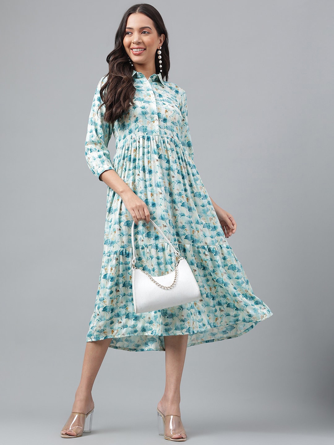 

Suktam Trendz Floral Printed Shirt Collar Cotton A-Line Midi Dress, Sea green