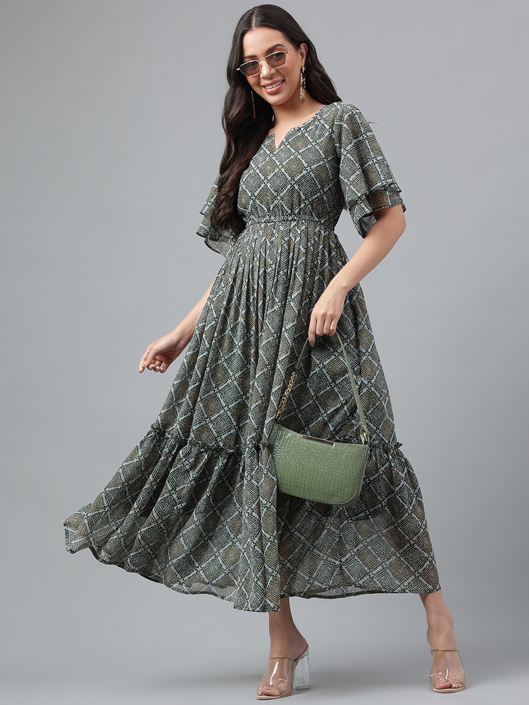 

Suktam Trendz Ethnic Motifs Printed V-Neck Flared Sleeve Georgette Maxi Dress, Green