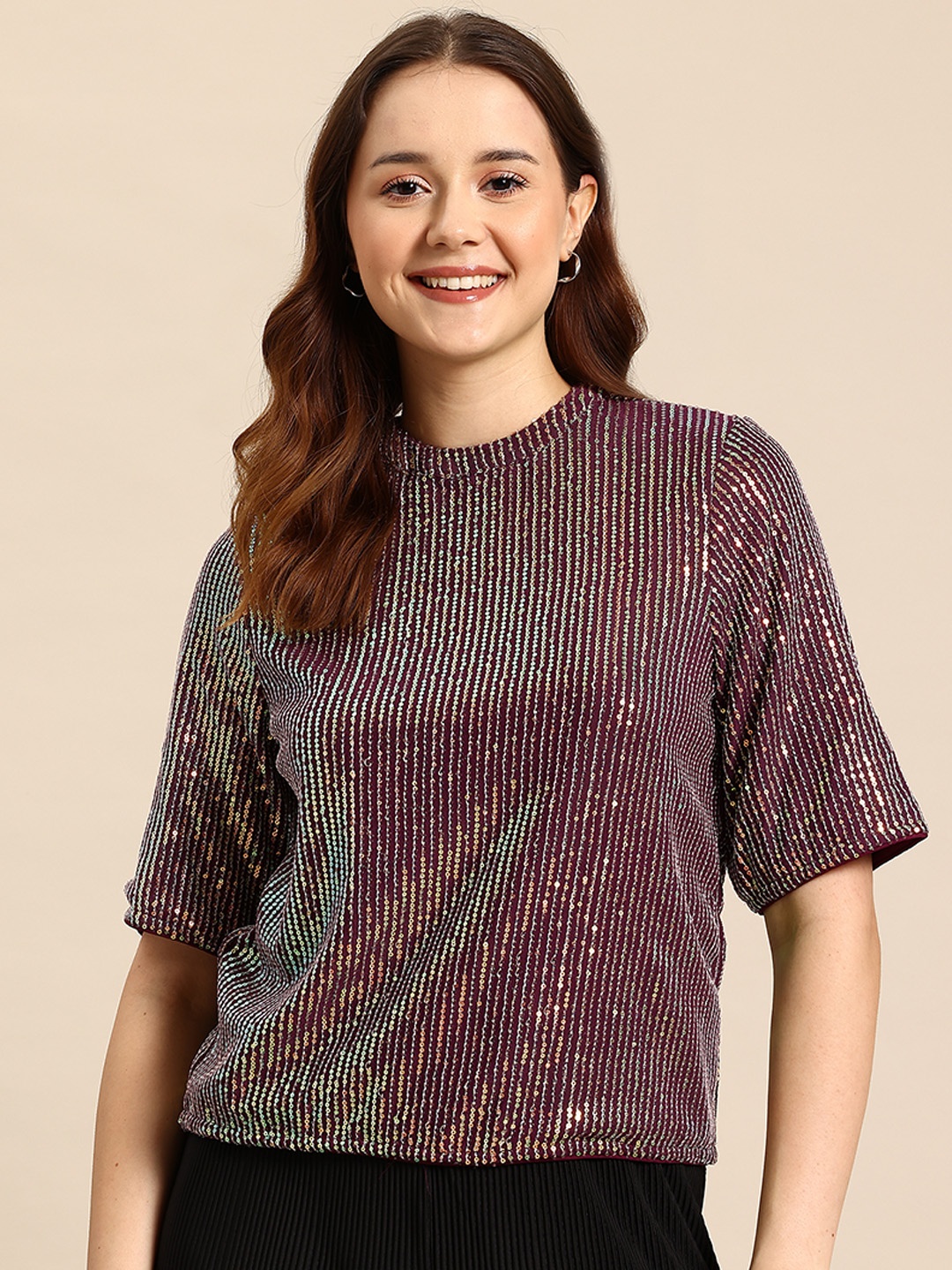 

Mast & Harbour Sequinned Net Top, Maroon