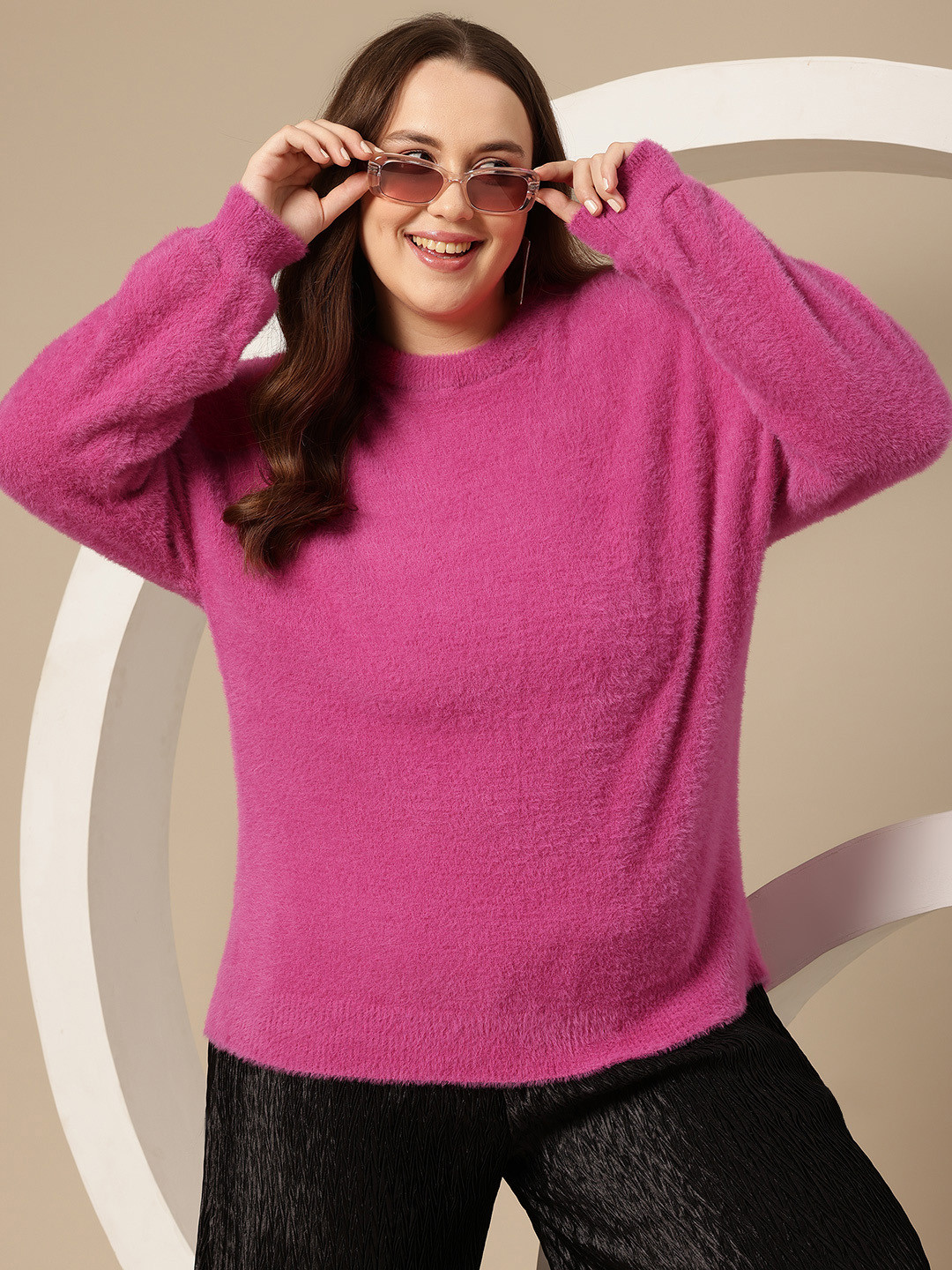 

Sztori Plus Size Faux Fur Trim Drop-Shoulder Sleeves Pullover, Pink