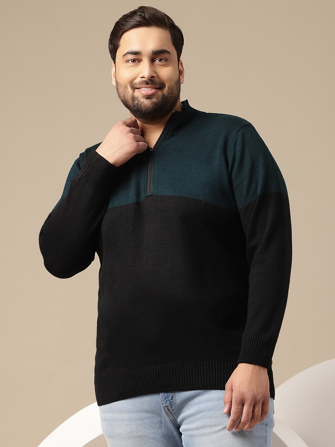 

Sztori Plus Size Mock Collar Acrylic Colourblocked Sweater, Teal