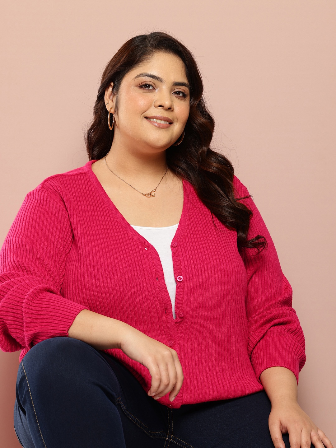

Sztori Plus Size Ribbed Acrylic Cardigan, Fuchsia