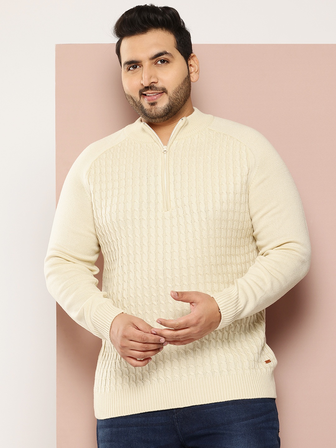 

Sztori Men Plus Size Cable Knit Sweater, Beige