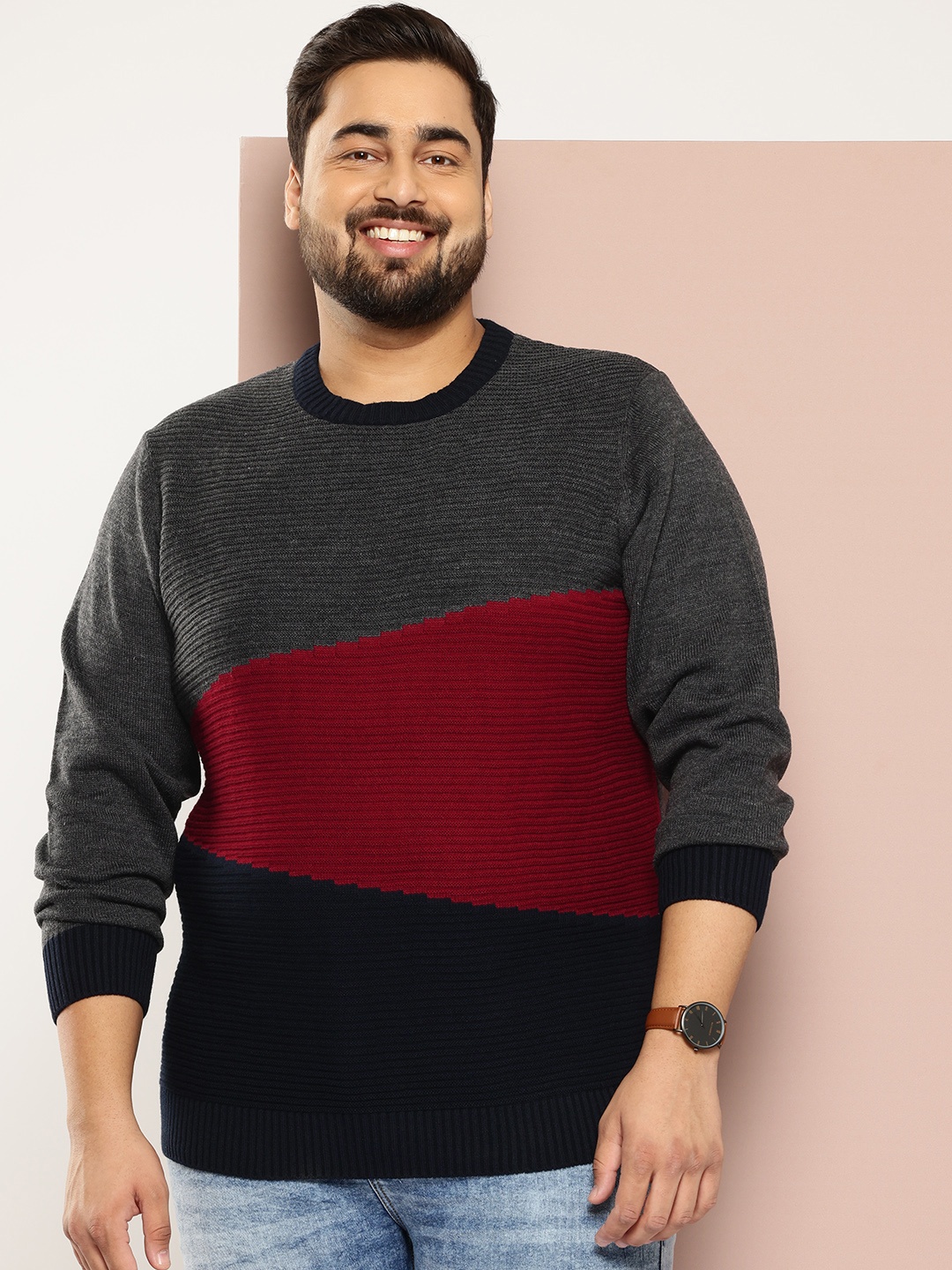 

Sztori Men Plus Size Colourblocked Pullover, Charcoal