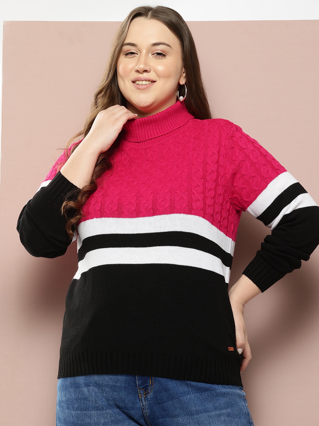 

Sztori Plus Size Striped Cable Knit Pullover, Pink
