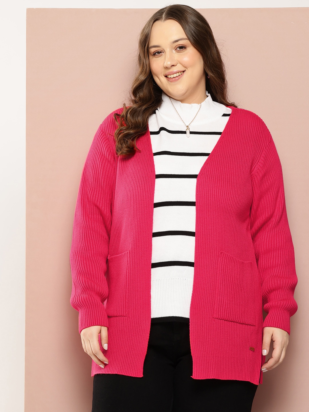 

Sztori Plus Size Longline Front-Open Sweaters, Pink