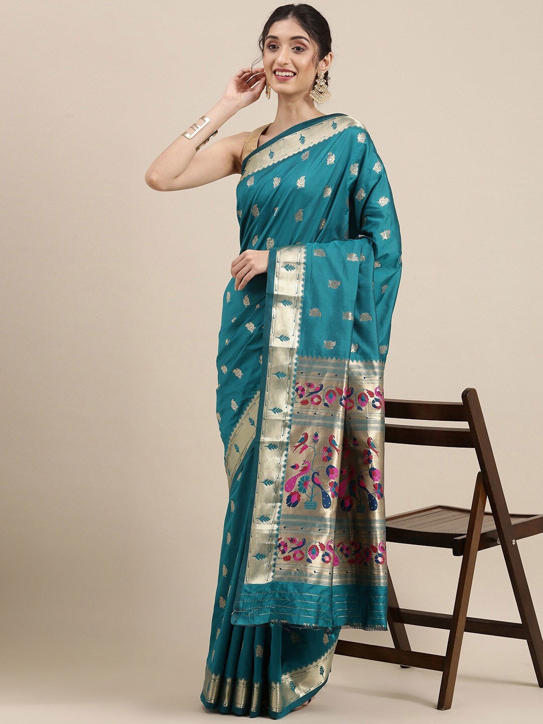 

LeeliPeeri Designer Woven Design Zari Paithani Saree, Teal