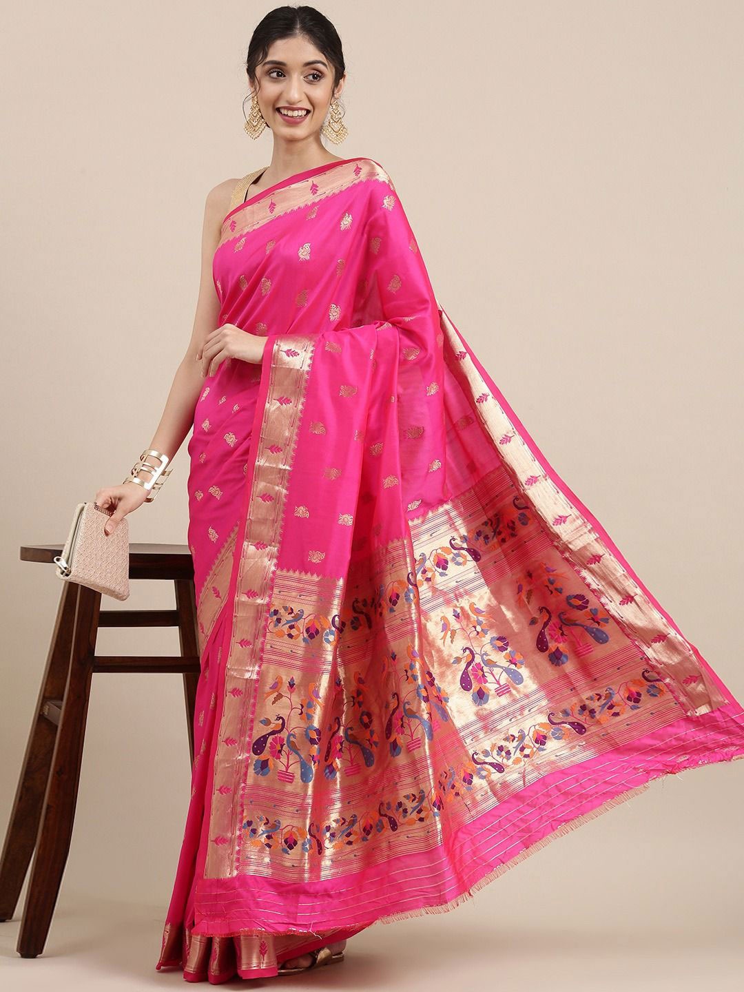 

LeeliPeeri Designer Woven Design Zari Paithani Saree, Pink
