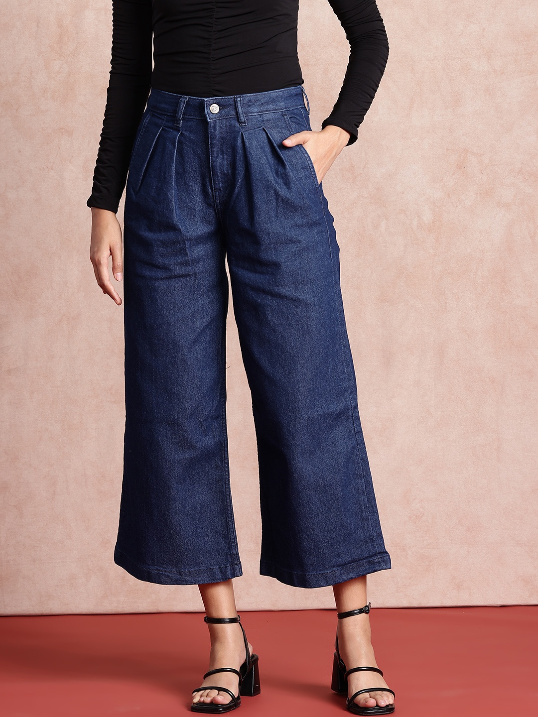 

all about you Women Wide Leg Stretchable Pleated Cropped Jeans, Blue