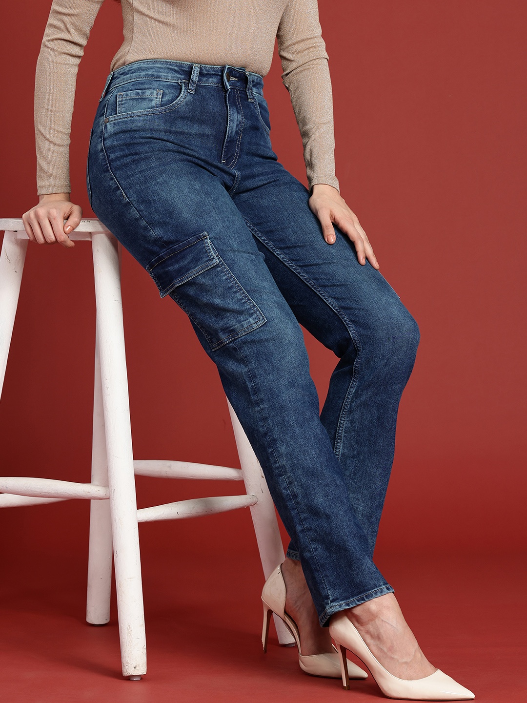 

all about you Women Straight Fit Heavy Fade Stretchable Cargo Jeans, Blue