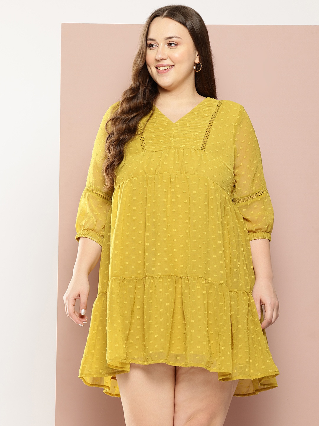 

Sztori Plus Size Dobby Detail Mini Dress, Mustard