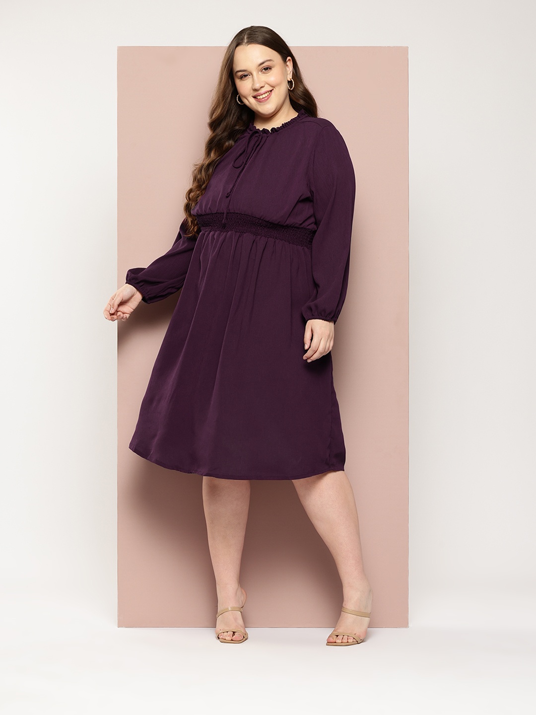 

Sztori Plus-Size Tie-Up Neck Puff Sleeve A-Line Midi Dress, Burgundy