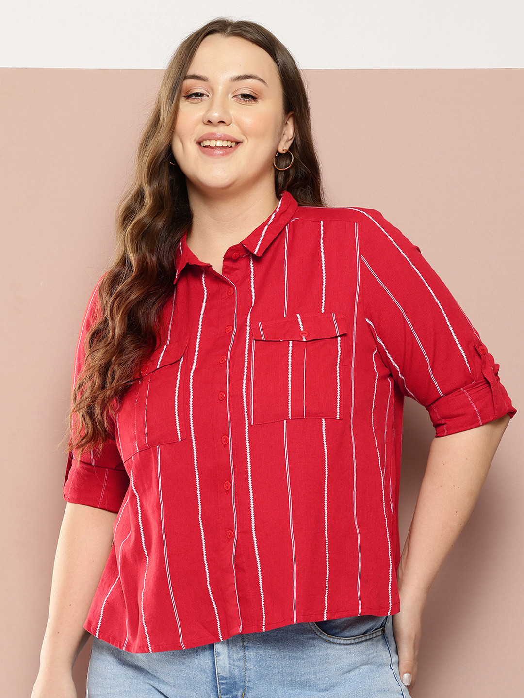 

Sztori Plus Size Slim Collar Vertical Print Cotton Linen Casual Shirt, Red
