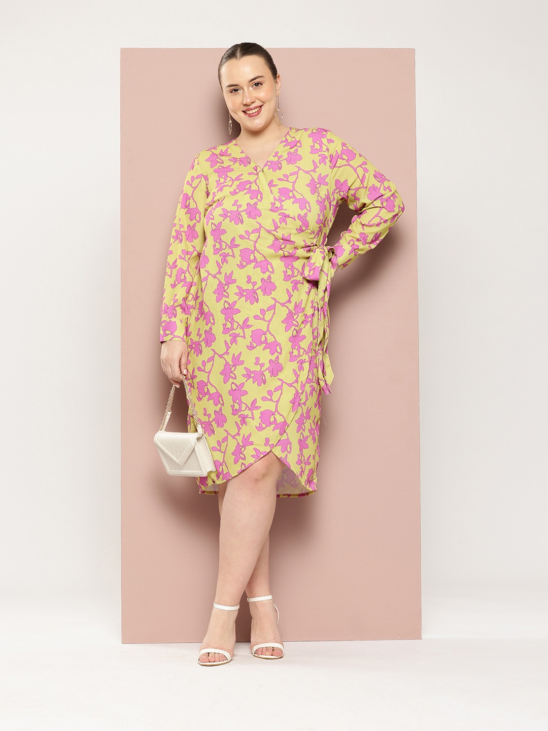 

Sztori Plus Size Floral Print Waist Tie-Up Wrap Dress, Yellow