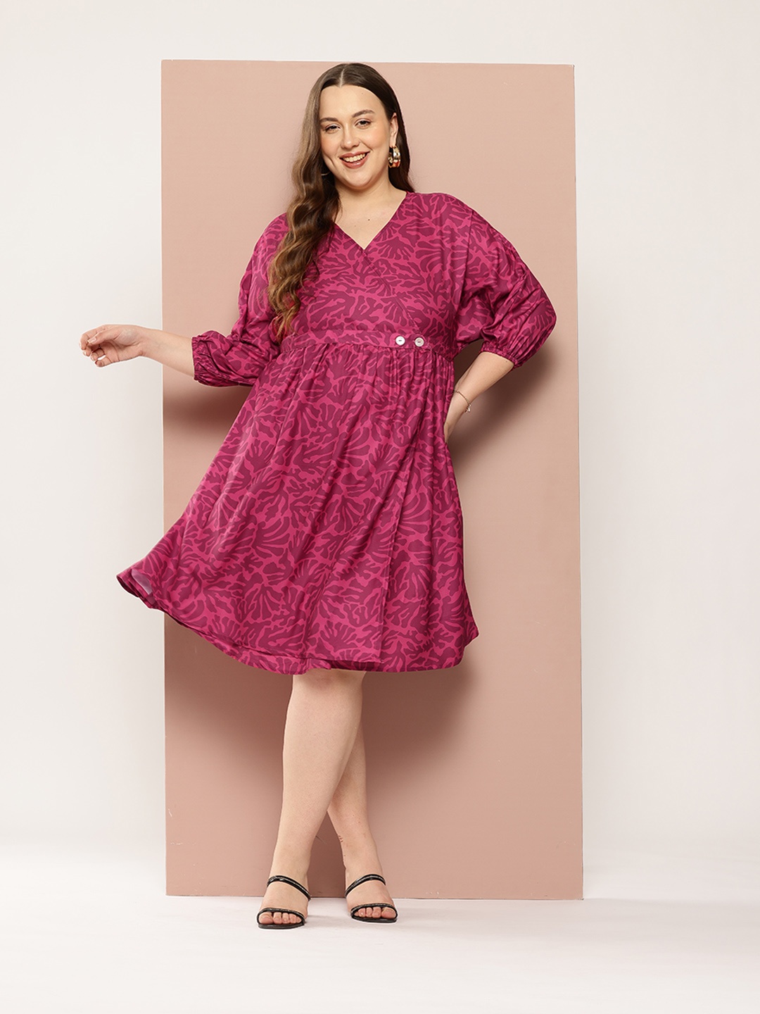 

Sztori Plus-Size Abstract Print Puff Sleeves Wrap Dress, Pink