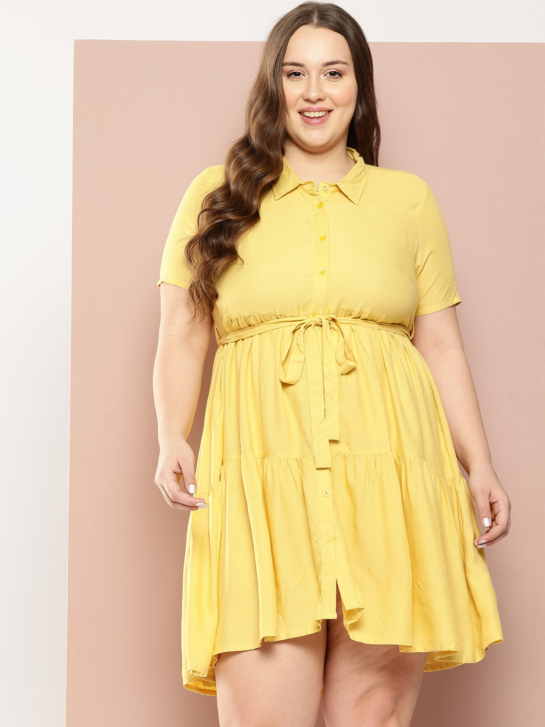 

Sztori Plus-Size Shirt-Style Tiered Dress, Yellow