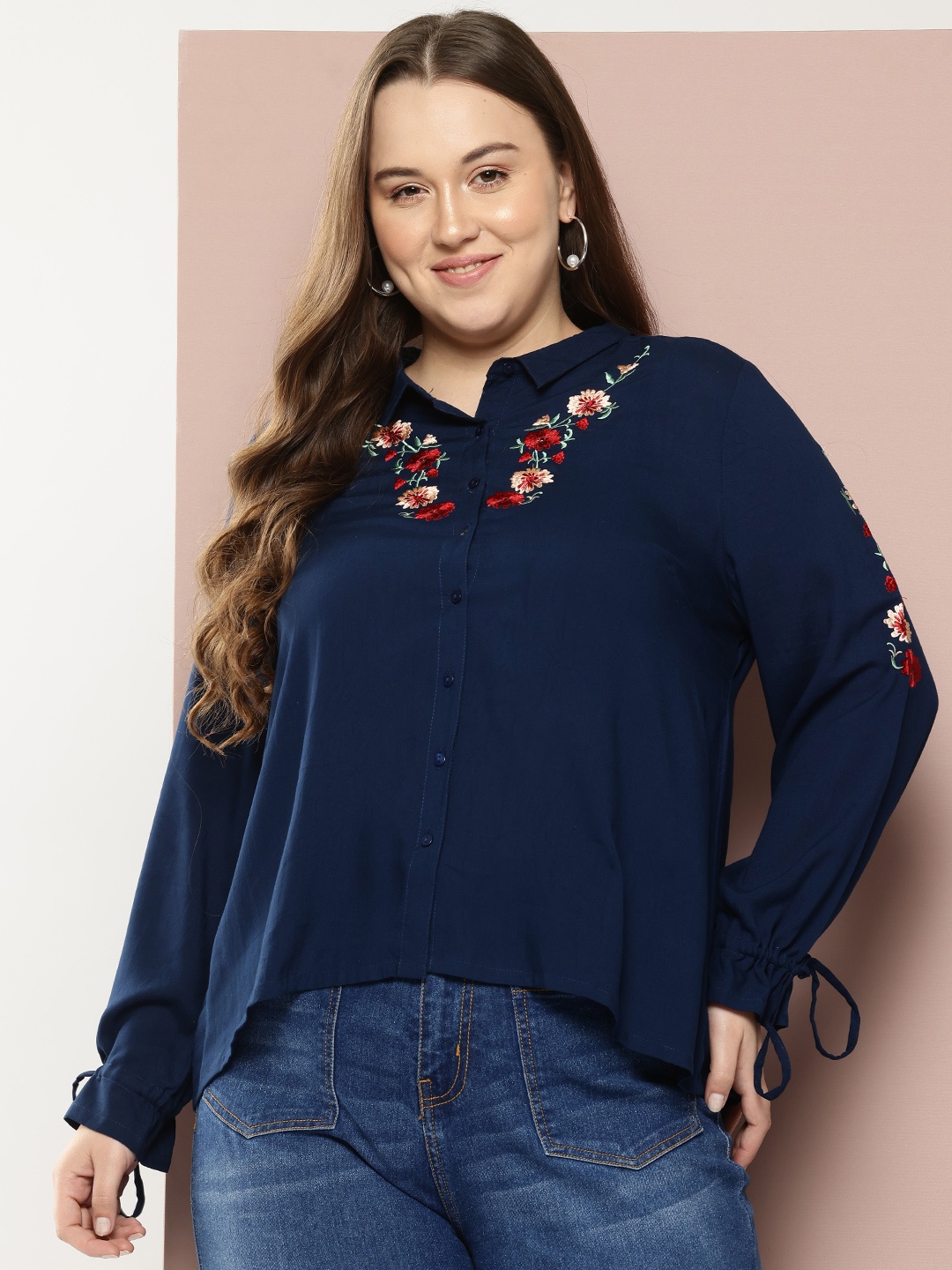 

Sztori Plus Size Floral Embroidered Casual Shirt, Blue