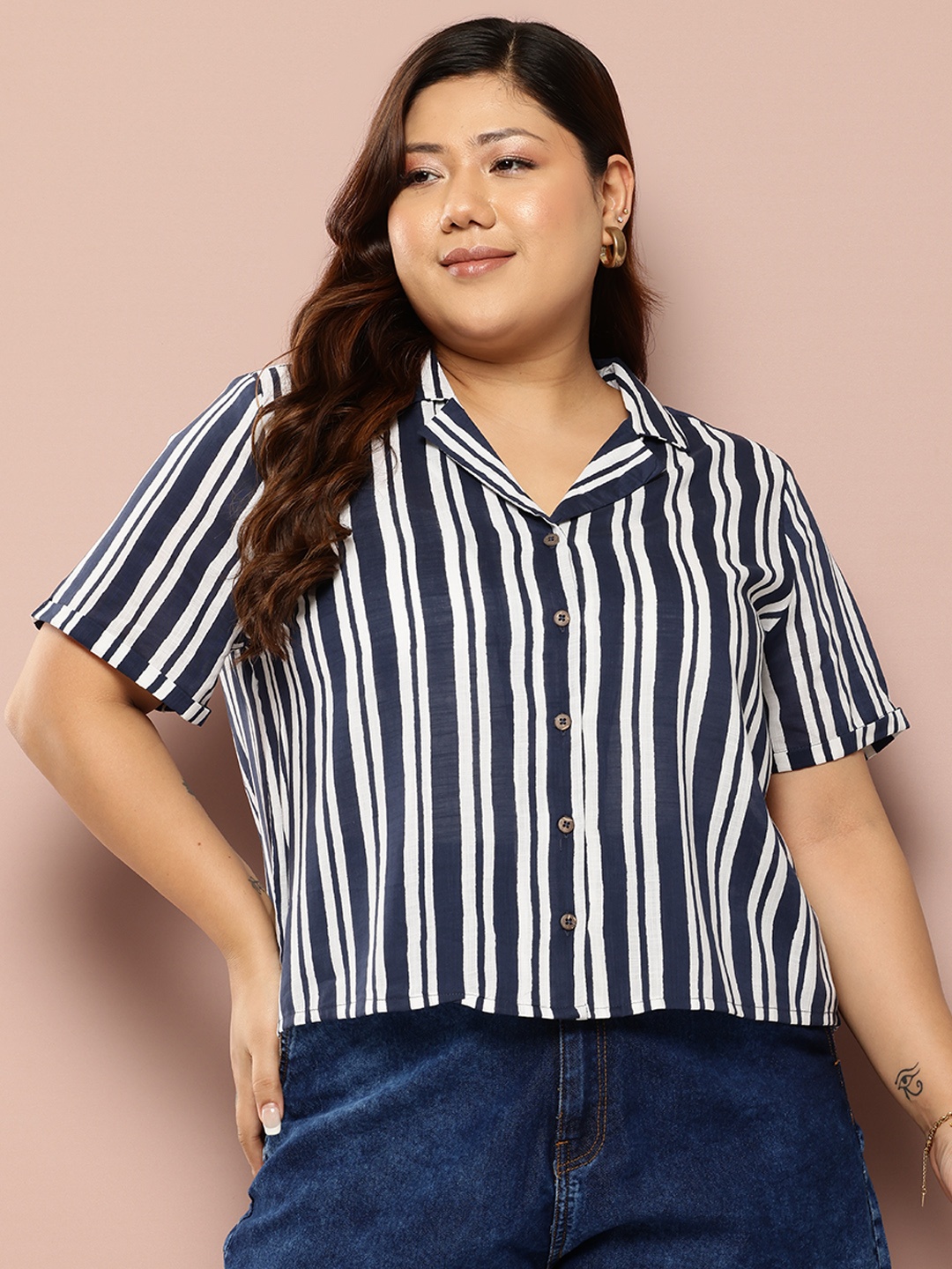 

Sztori Plus-Size Striped Pure Cotton Shirt, Navy blue