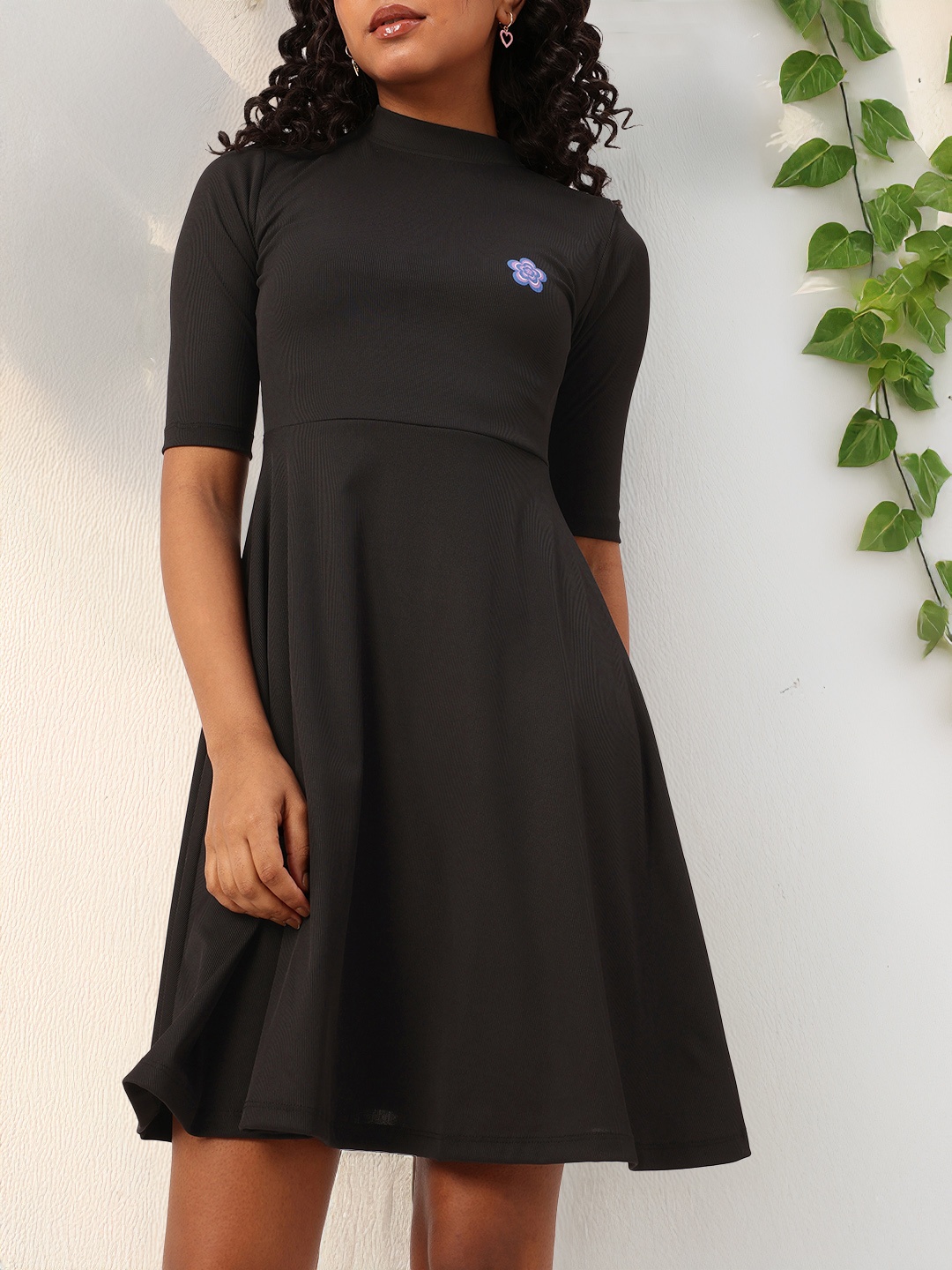 

DressBerry Darling Details Printed Ribbed Fit & Flare Dress, Black