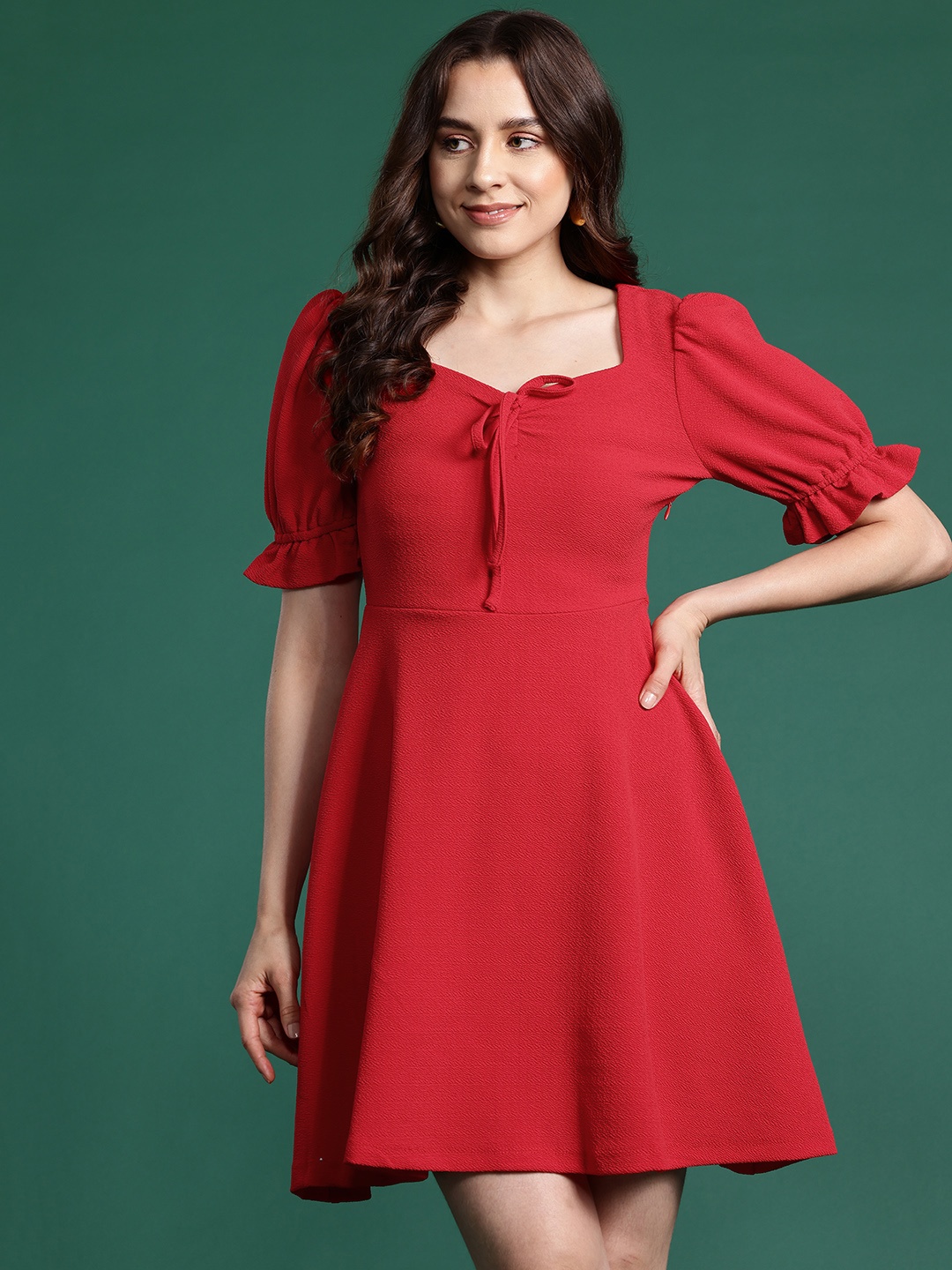 

DressBerry Puff Sleeve A-Line Midi Dress, Red