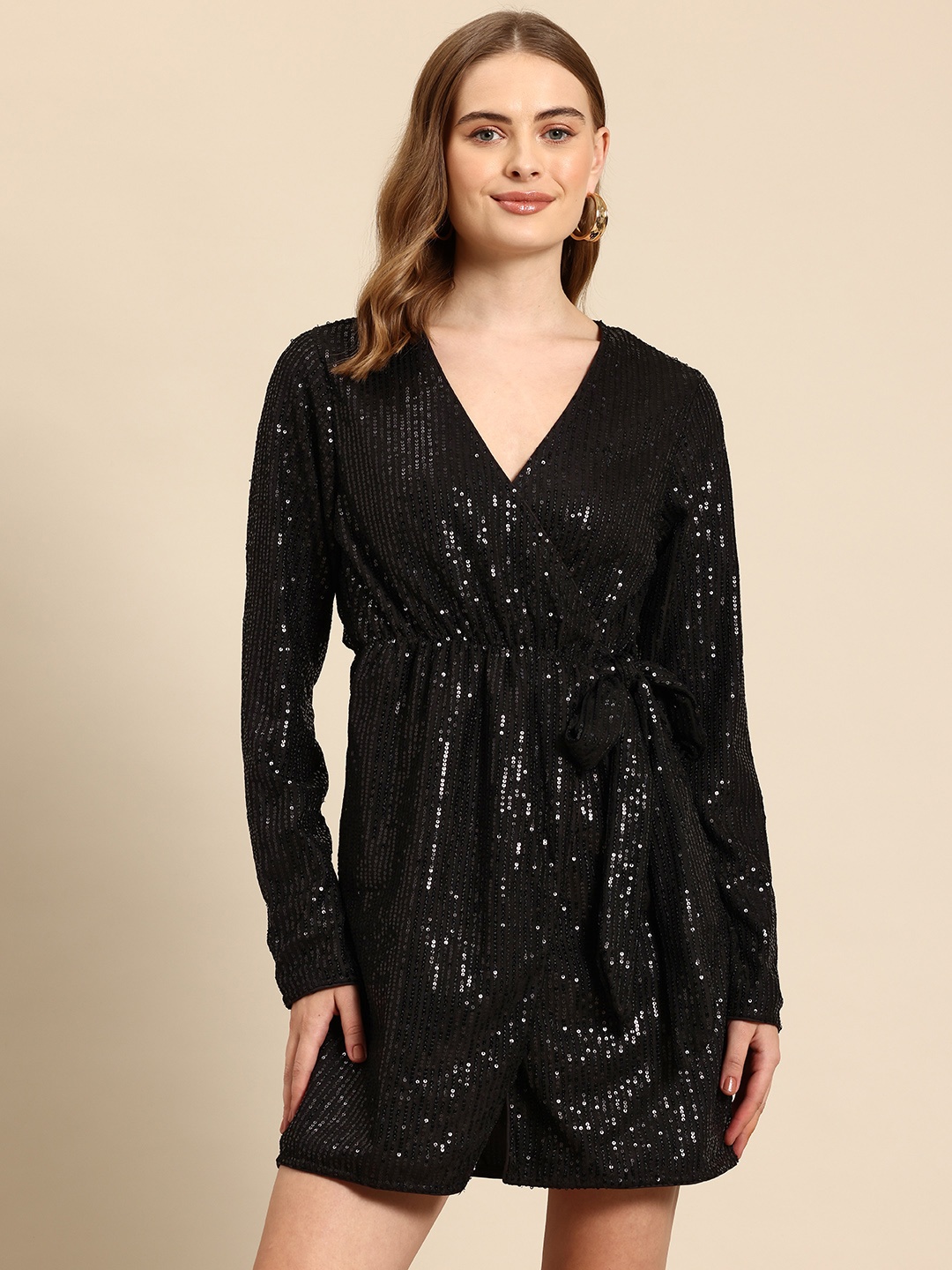 

Mast & Harbour Sequinned Embellished Party Wrap Dress, Black