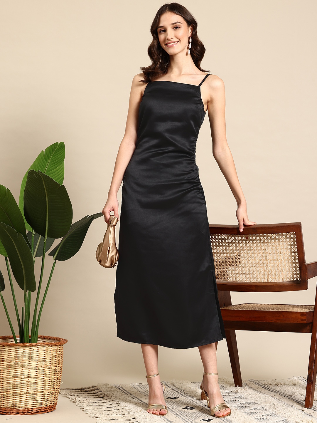 

Mast & Harbour Satin Slits A-Line Midi Dress, Black