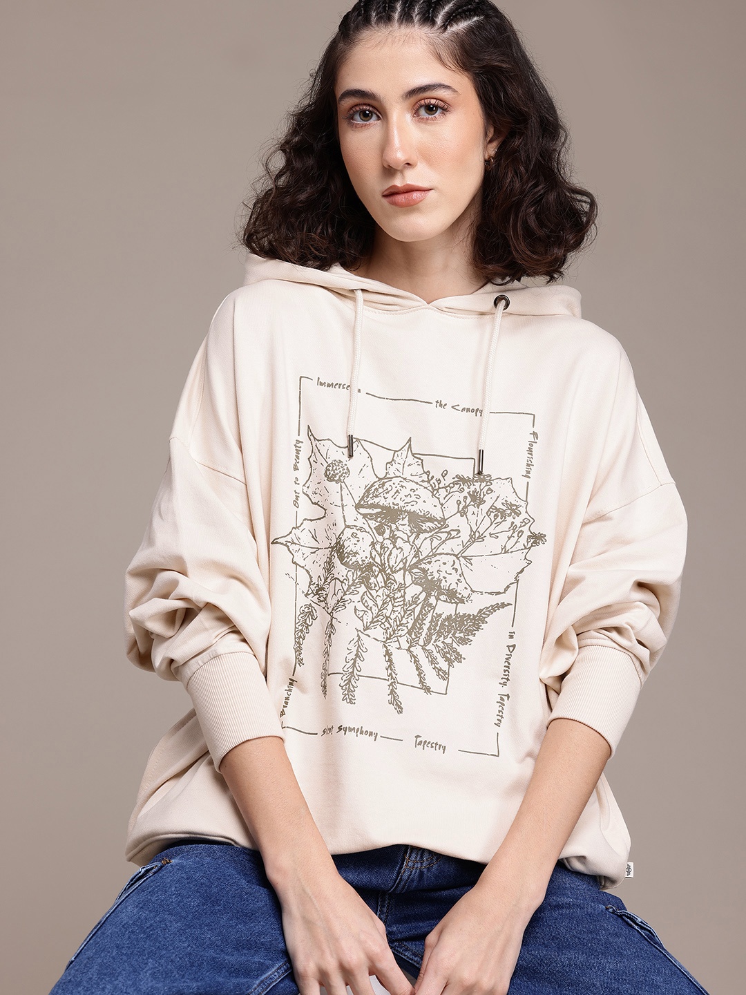 

The Roadster Lifestyle Co. Women Printed Hooded Relaxed Sweatshirt, Cream