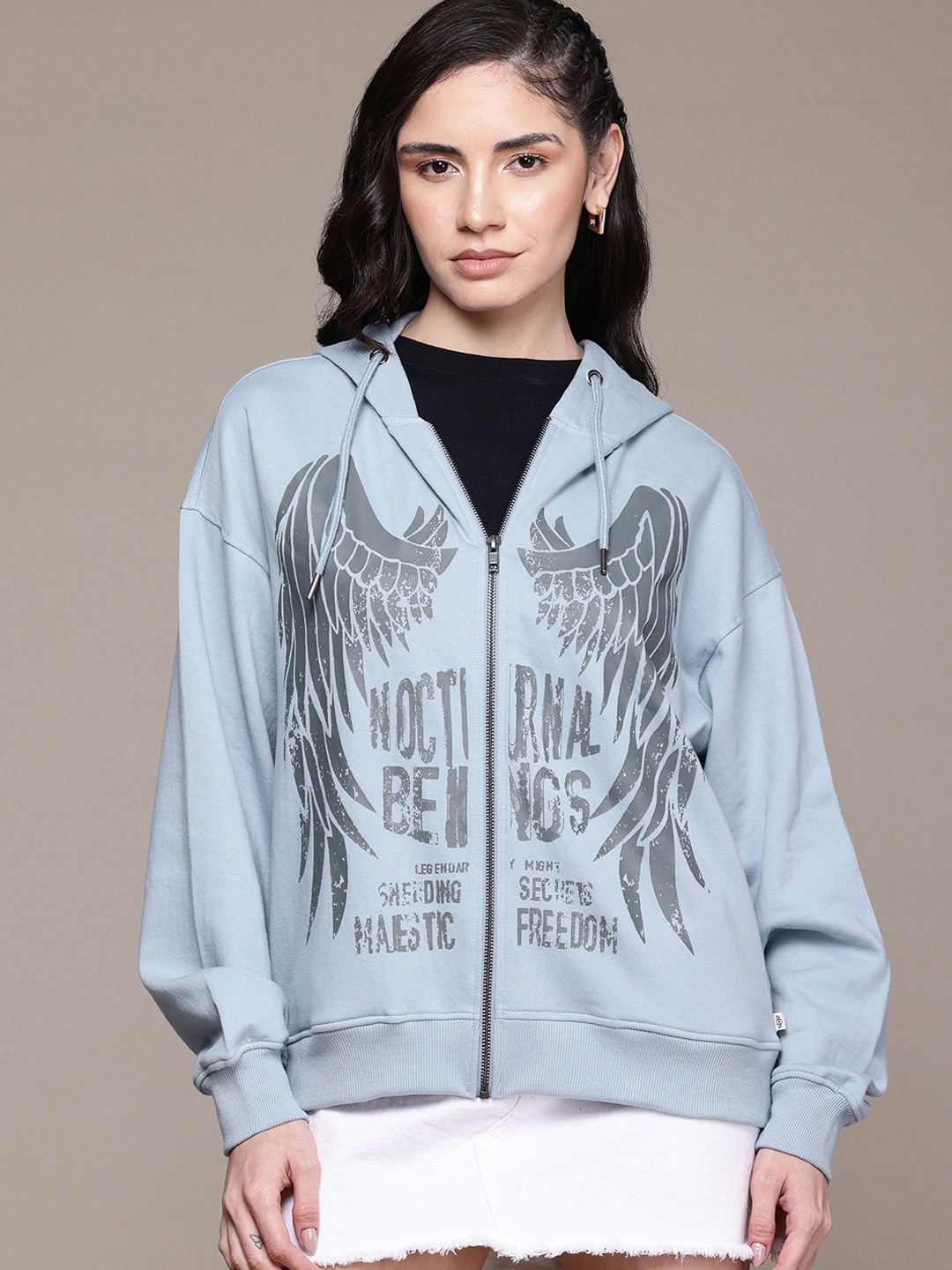 

The Roadster Lifestyle Co. Women Printed Hooded Sweatshirt, Blue