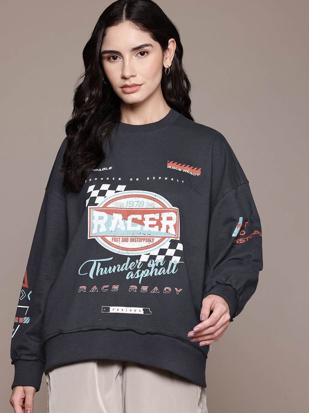 

The Roadster Lifestyle Co. Printed Oversized Sweatshirt, Charcoal