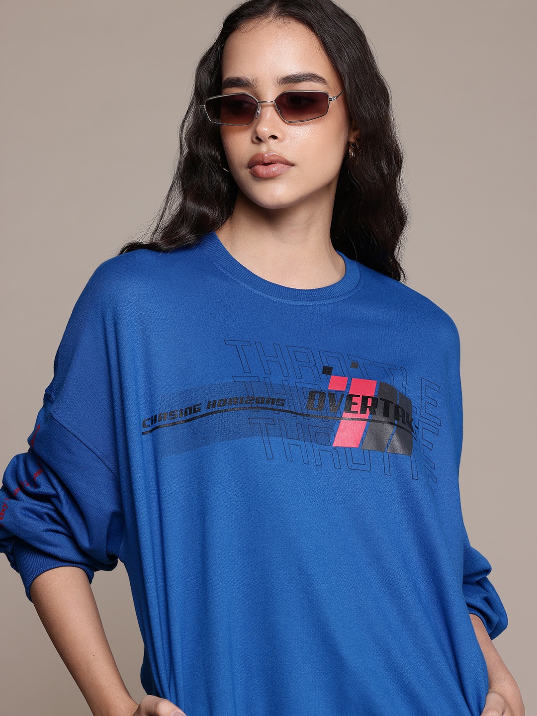 

The Roadster Lifestyle Co. Women Printed Oversized Sweatshirt, Blue