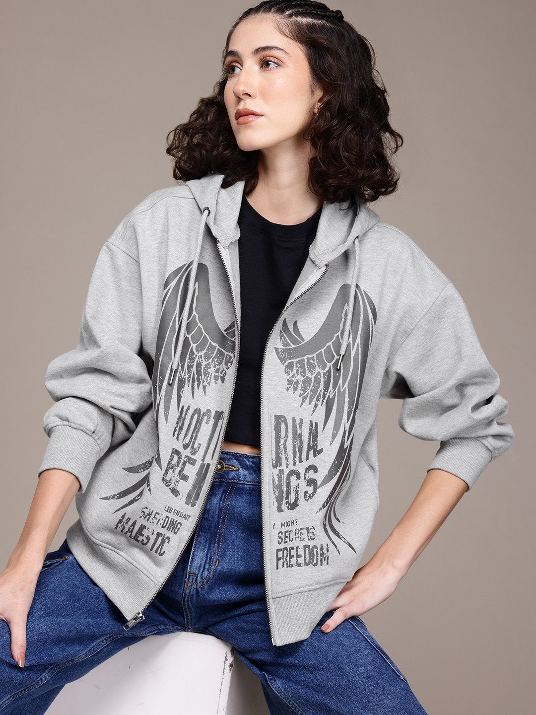 

The Roadster Lifestyle Co. Women Printed Hooded Relaxed Sweatshirt, Grey
