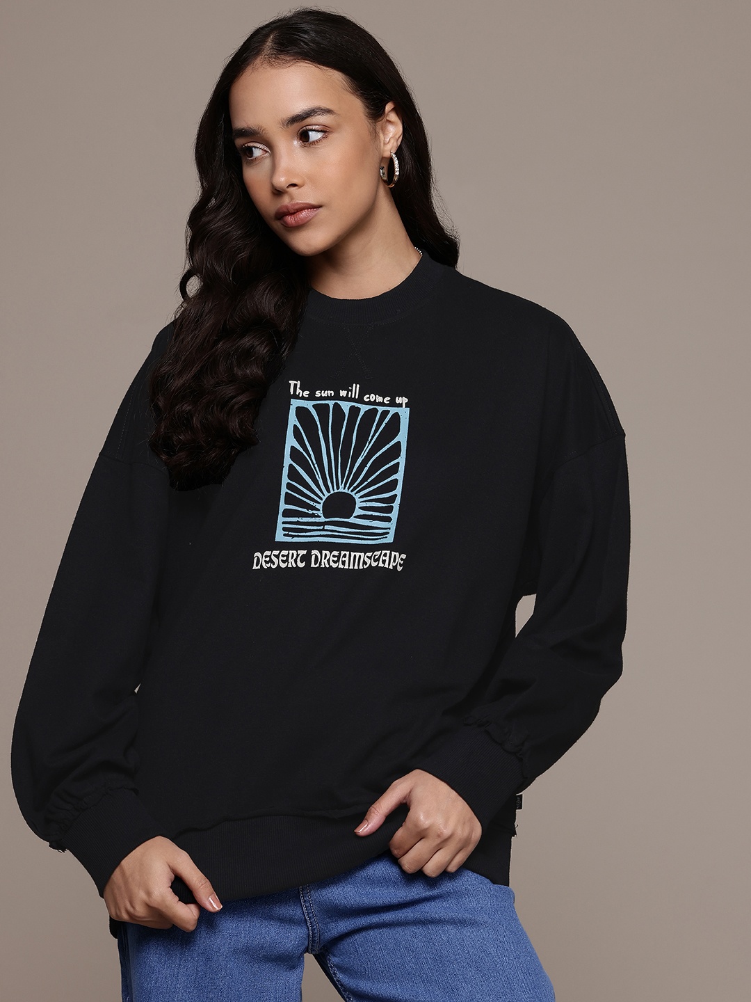 

Roadster The Life Co. Graphic Printed Drop-Shoulders Sweatshirt, Black