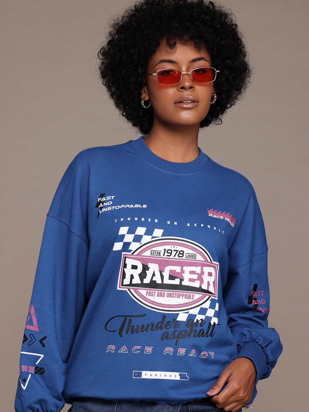 

The Roadster Lifestyle Co. Printed Drop-Shoulder Sleeves Sweatshirt, Blue