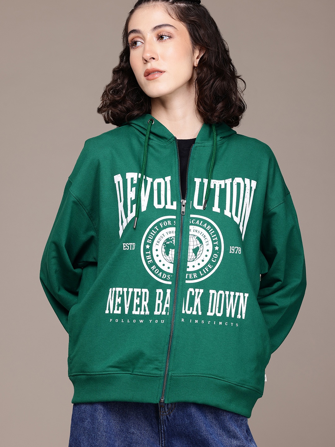 

The Roadster Lifestyle Co. Women Printed Hooded Relaxed Sweatshirt, Green