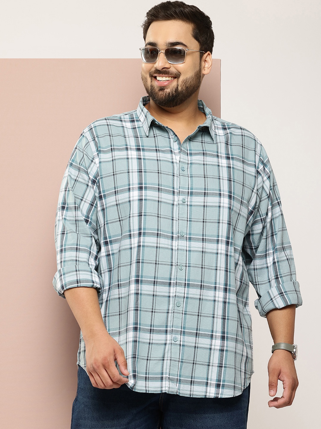 

Sztori Plus Size Checked Pure Cotton Shirt, Blue