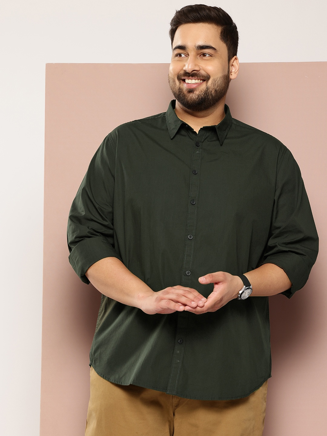 

Sztori Plus Size Pure Cotton Shirt, Olive