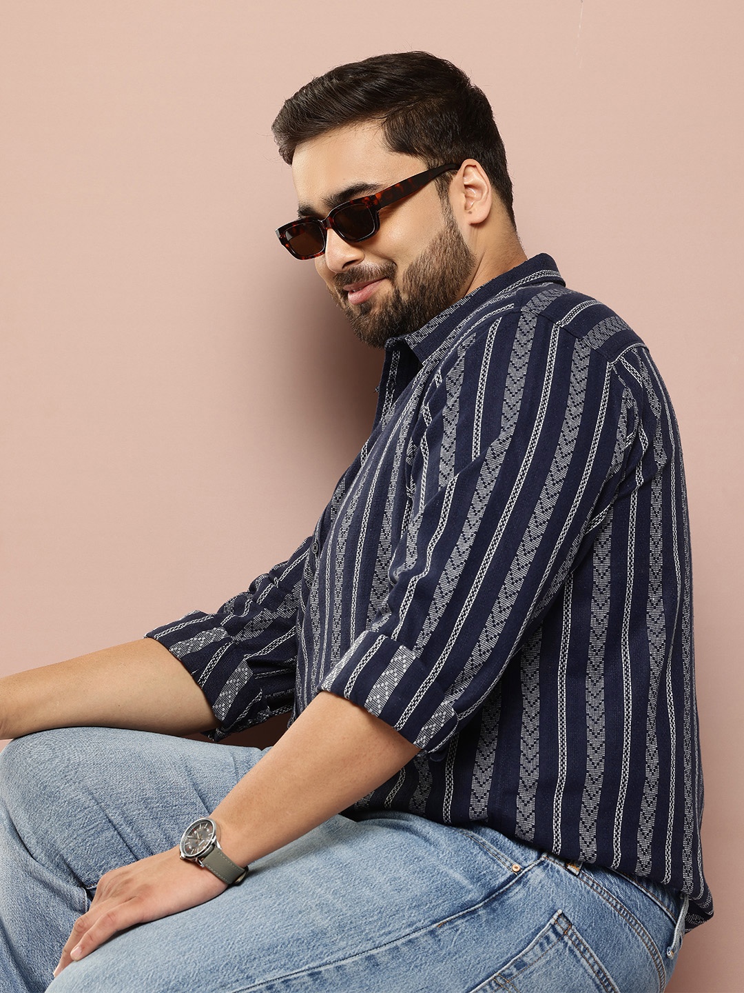 

Sztori Men Plus Size Woven Designed Casual Shirt, Navy blue