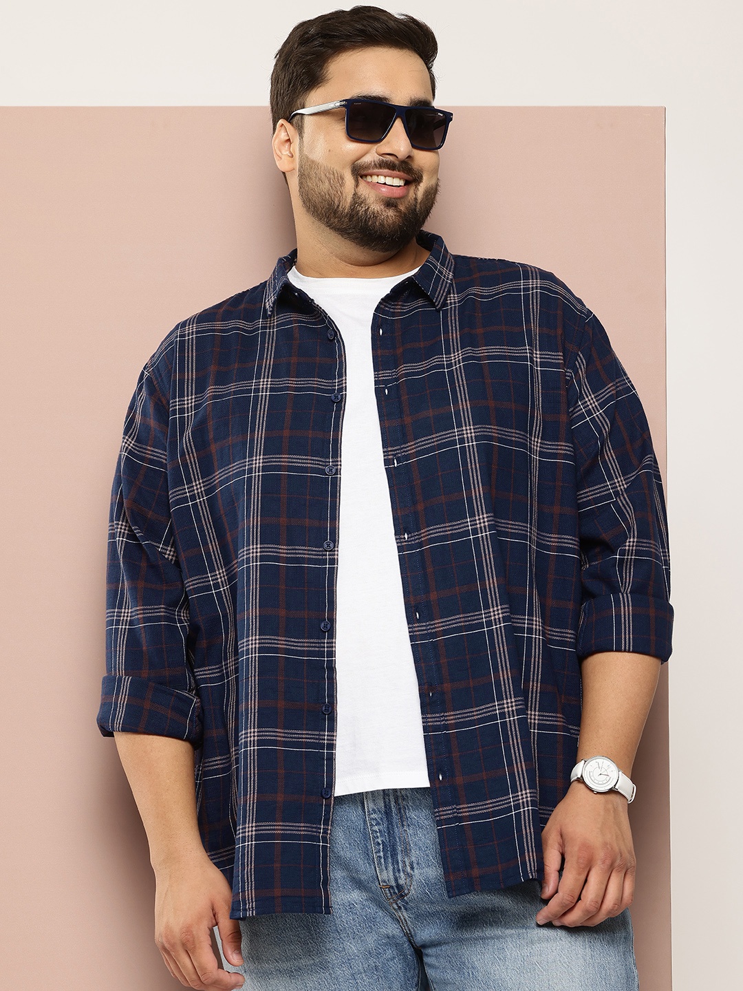 

Sztori Plus Size Checked Cotton Casual Shirt, Navy blue