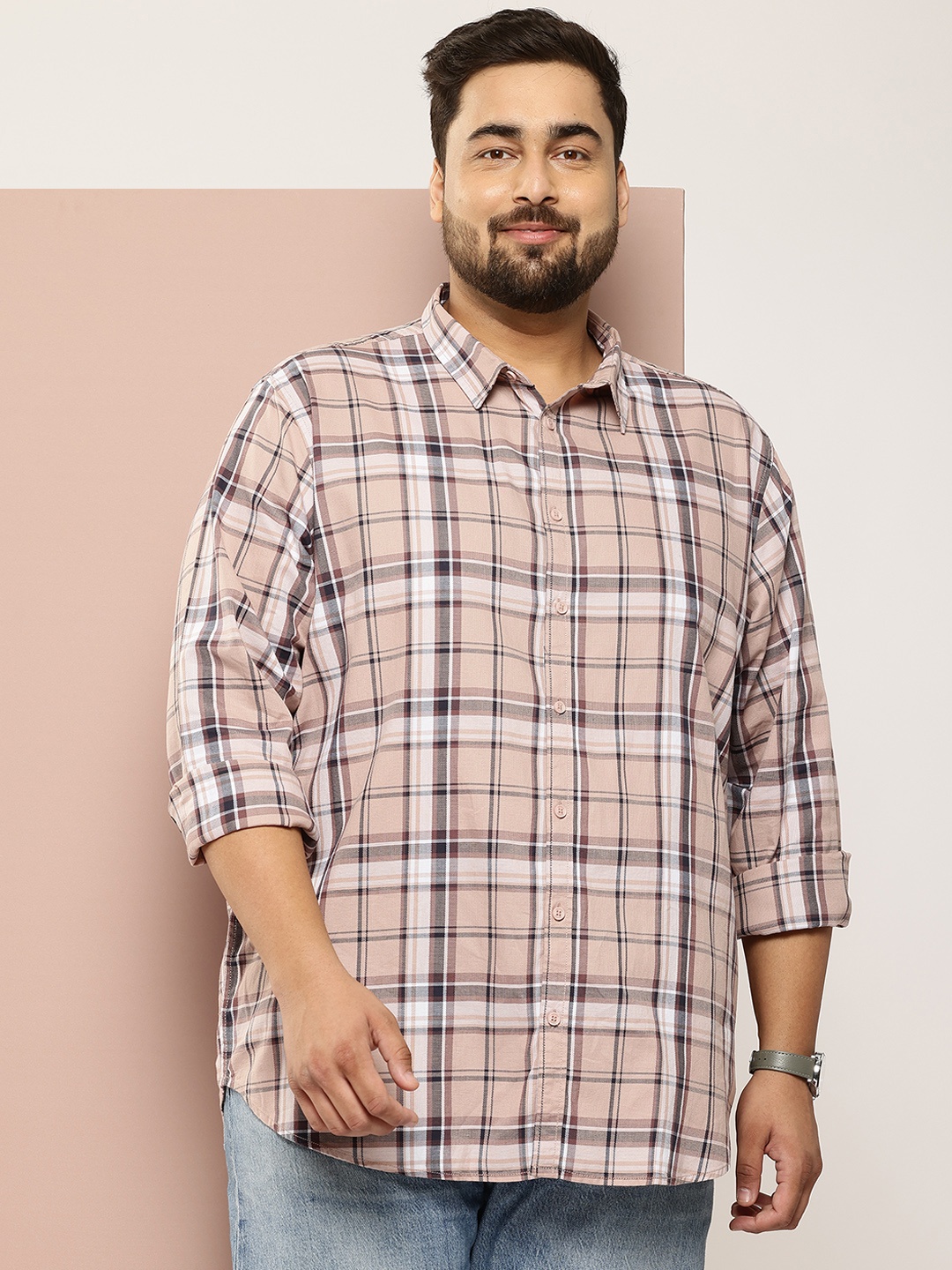 

Sztori Plus Size Checked Cotton Casual Shirt, Beige