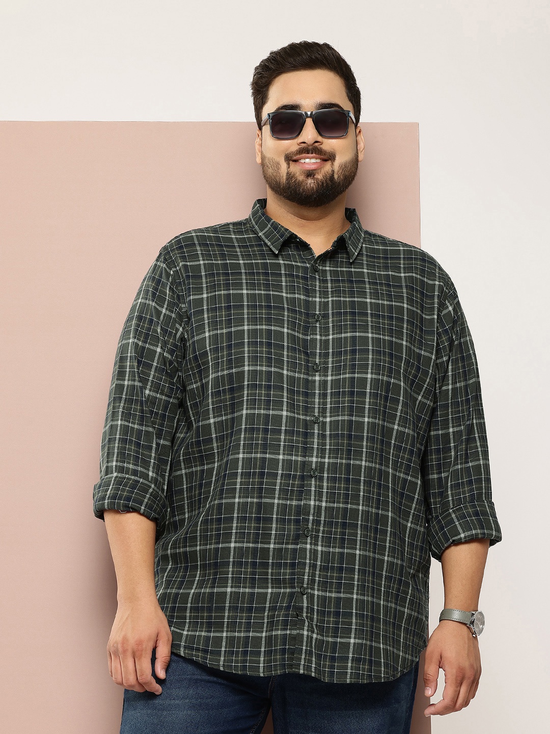 

Sztori Plus Size Checked Pure Cotton Shirt, Olive