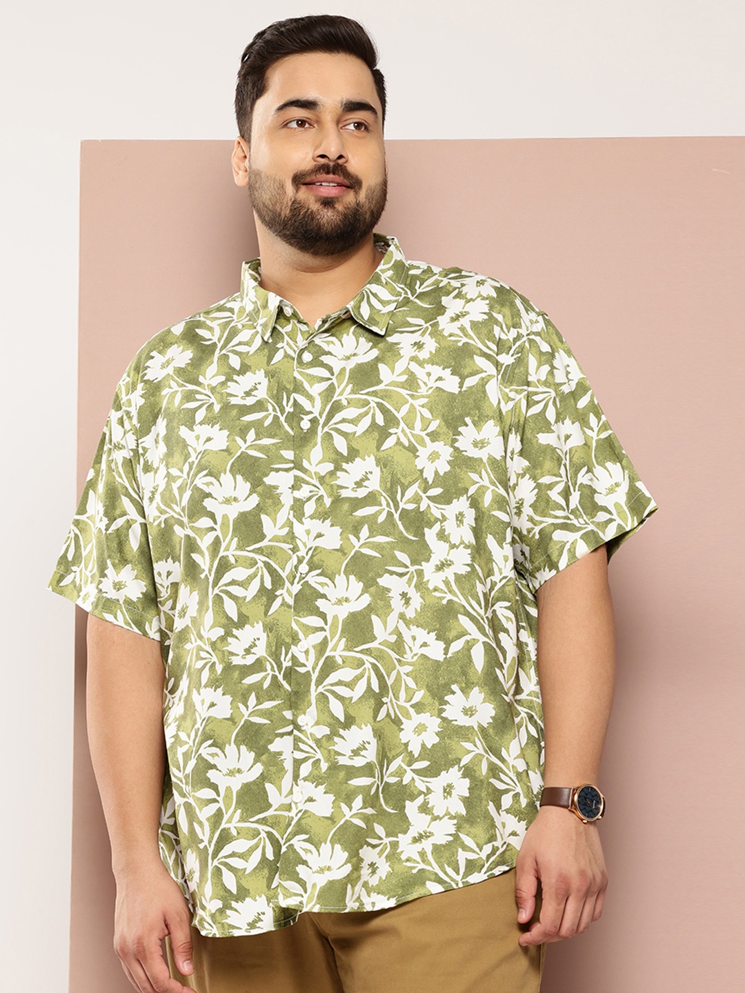 

Sztori Plus Size Floral Printed Casual Shirt, Olive
