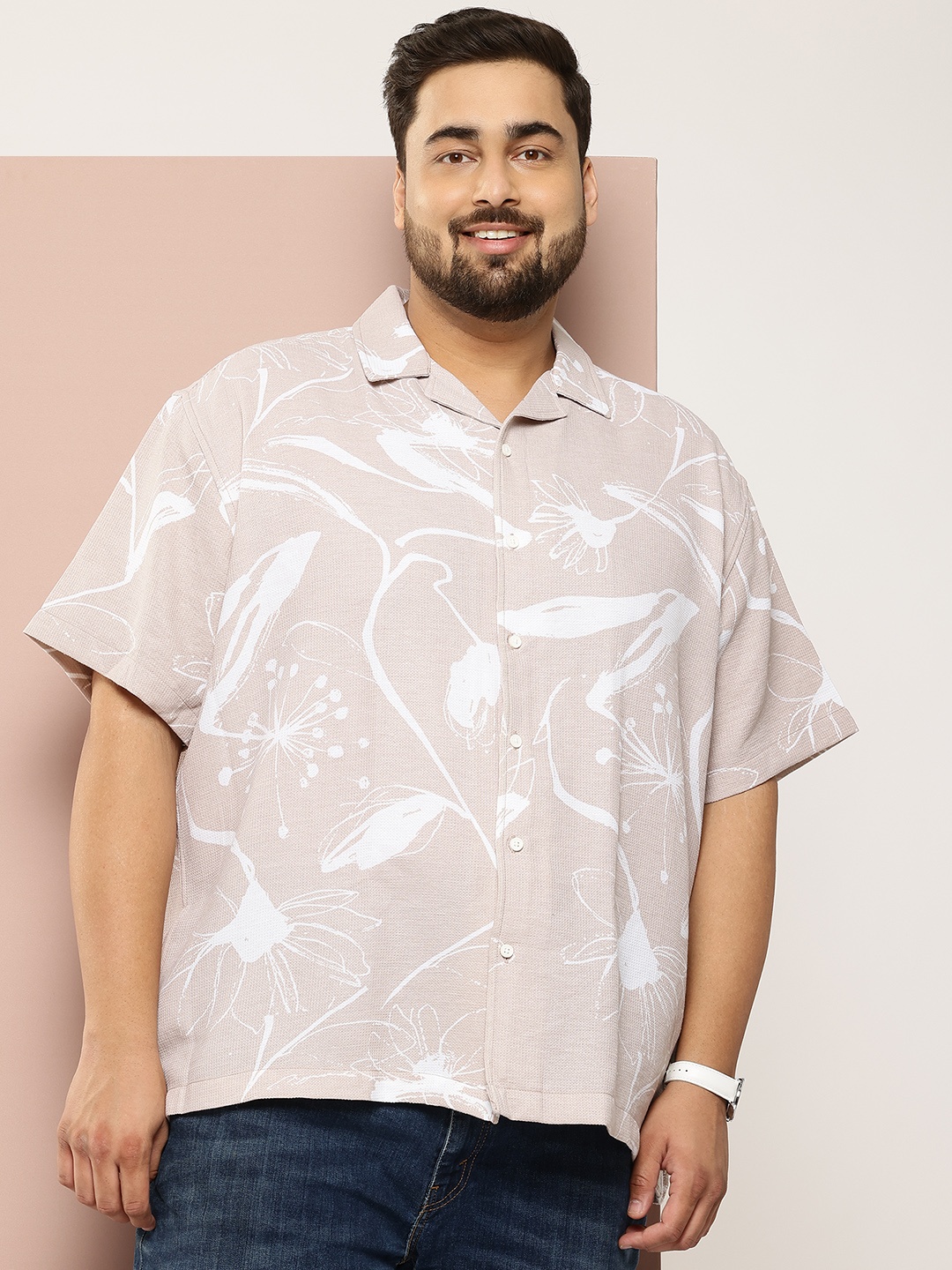 

Sztori Plus Size Floral Print Casual Shirt, Beige