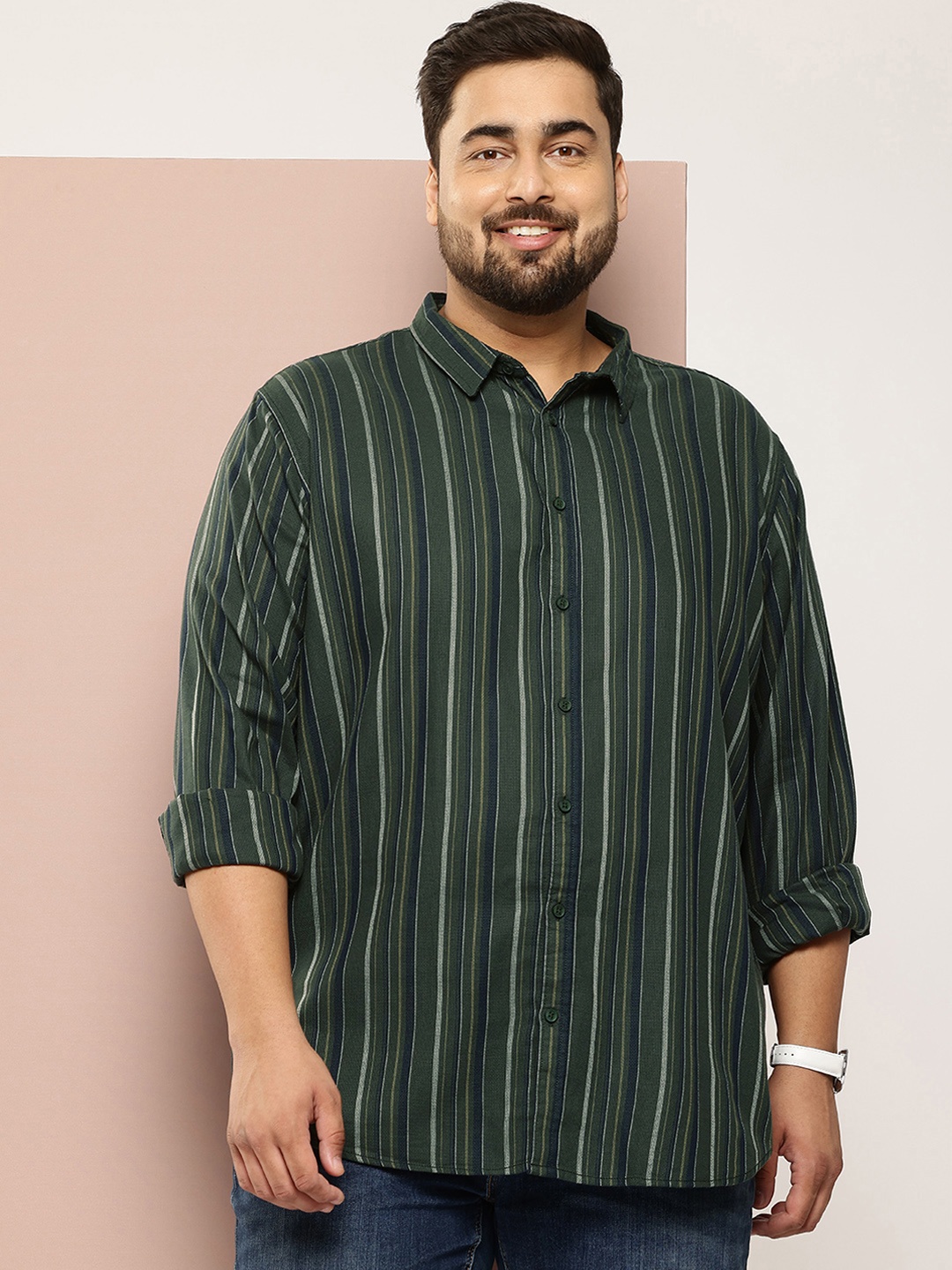 

Sztori Plus Size Striped Cotton Casual Shirt, Green