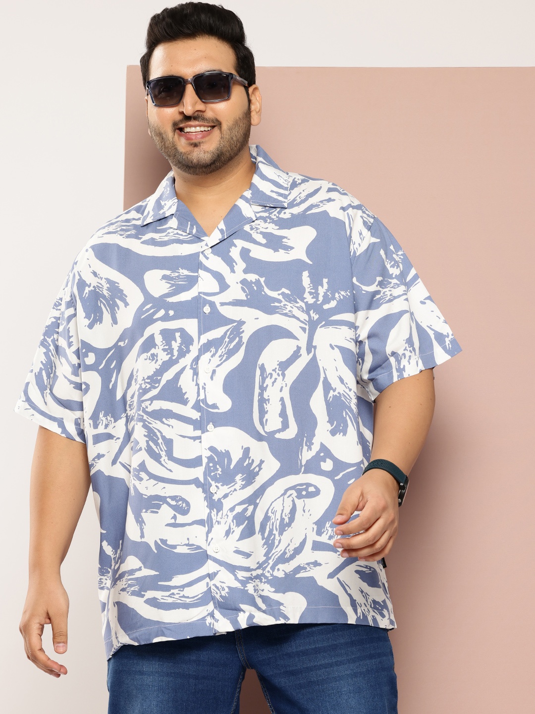 

Sztori Plus Size Printed Hawaiian Casual Shirt, Blue