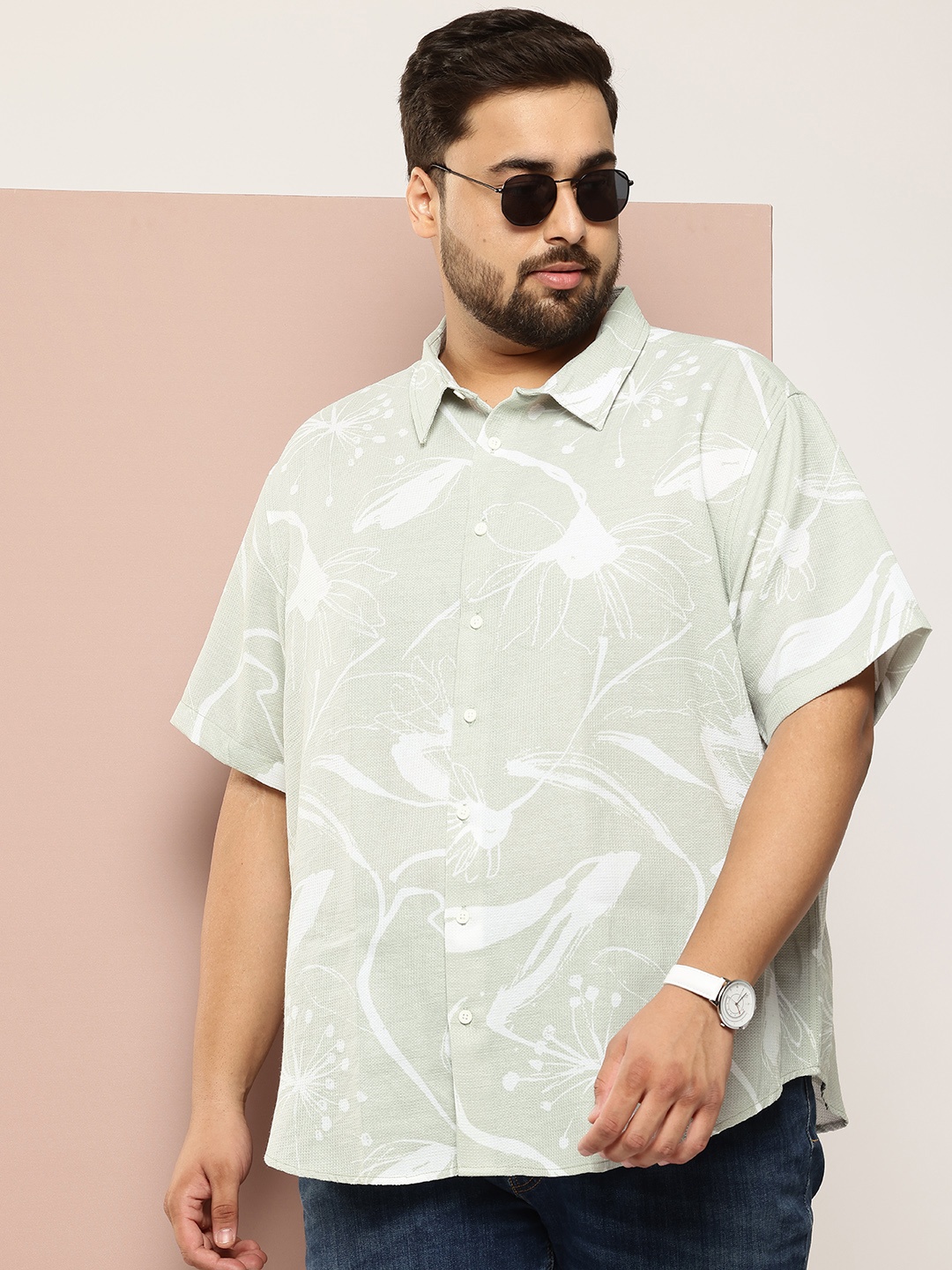 

Sztori Plus Size Floral Print Casual Shirt, Green