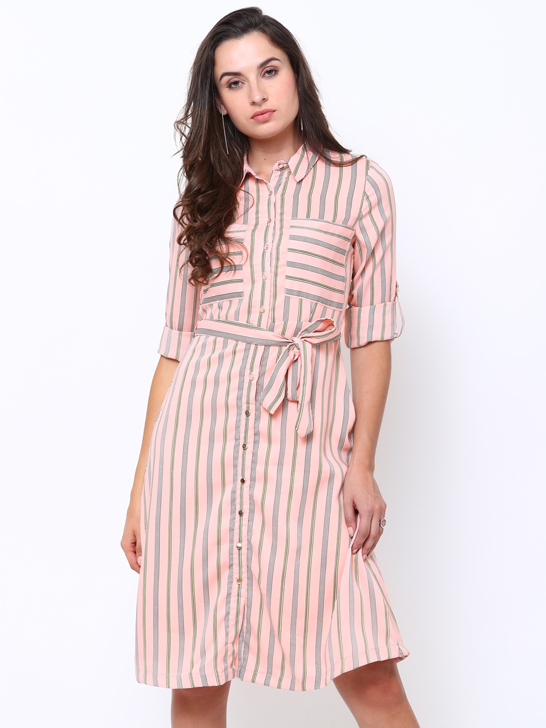 

Tokyo Talkies Women Peach-Coloured Striped Shirt Dress