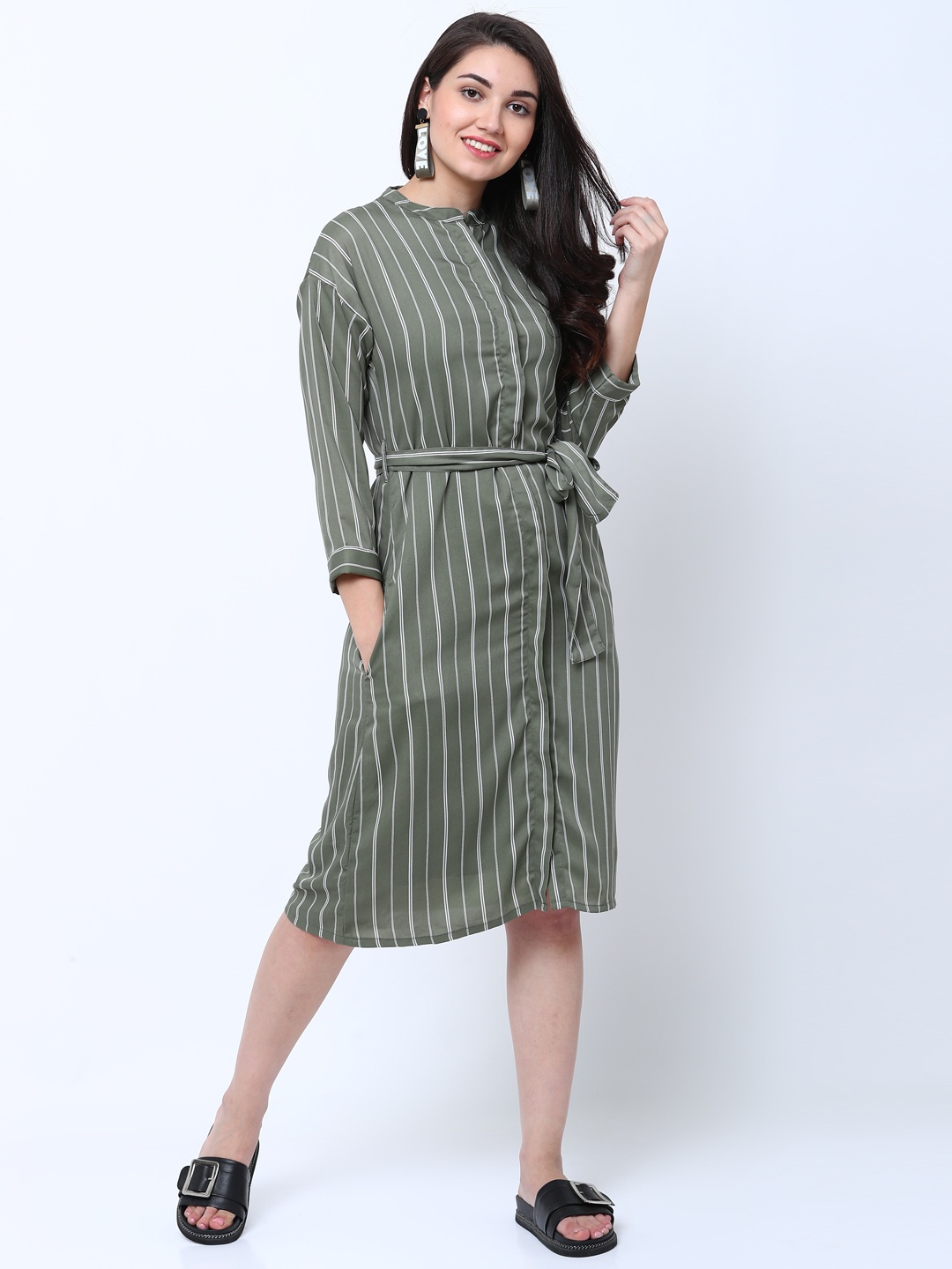 

Tokyo Talkies Women Olive Green & Grey Striped A-Line Dress