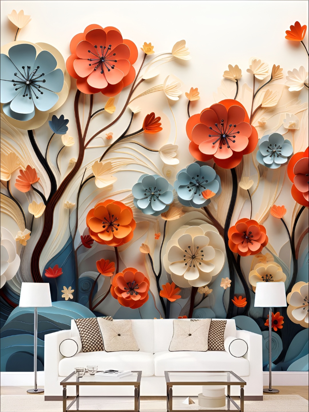 

Aura Orange Coloured & Blue Floral 3D Printed Self Adhesive Wall Sticker