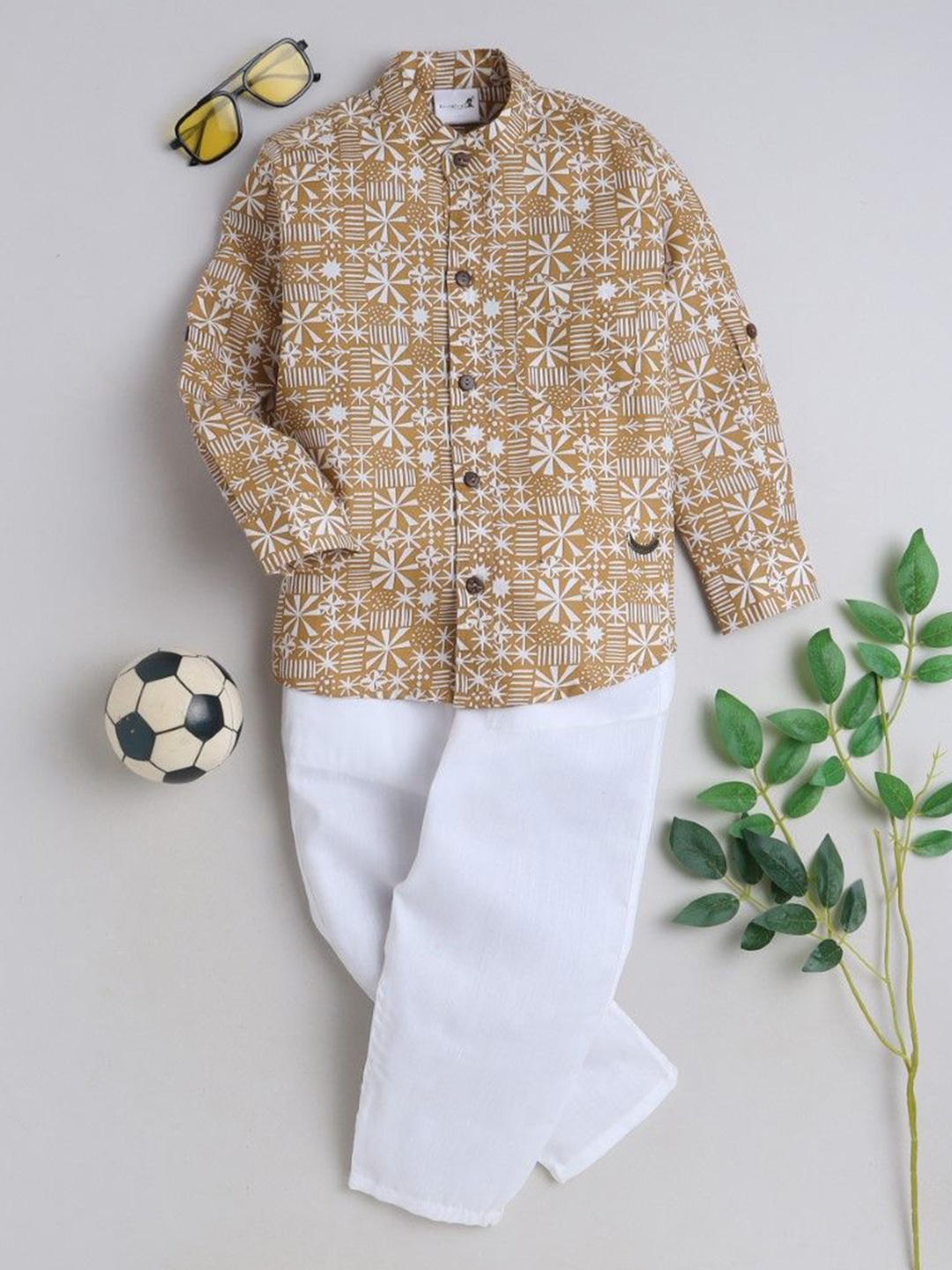 

BAATCHEET Boys Mandarin Collar Pure Cotton Shirt With Short, Rust